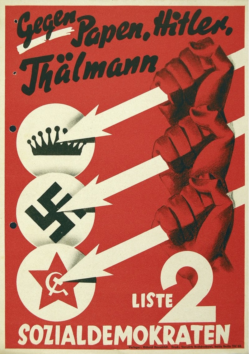 800px-Three_Arrows_election_poster_of_the_Social_Democratic_Party_of_Germany,_1932_-_Gegen_Papen,_Hitler,_Thälmann